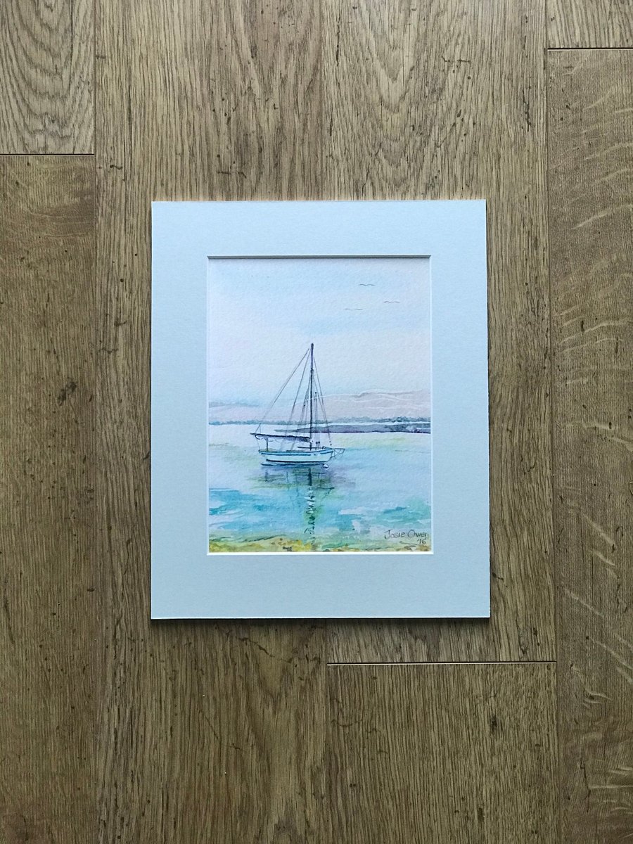 Limited Edition Gliclee Print of Watercolour Yacht Seascape in Mount
