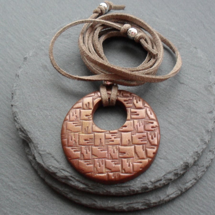Bronze Brown Polymer Clay Round Pendant With Faux Suede