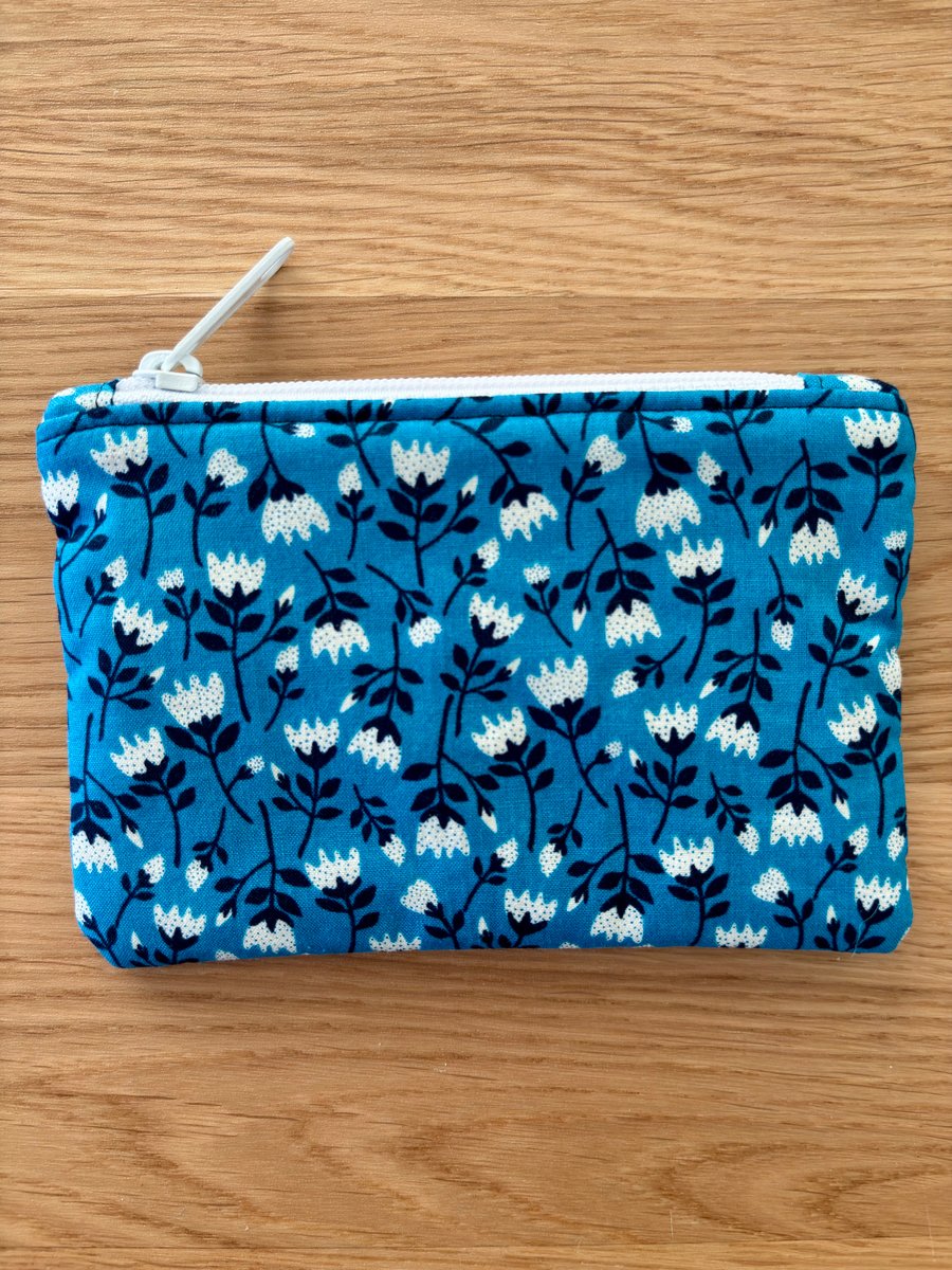 Small zipped fabric purse, pouch, make up bag, in blue floral print