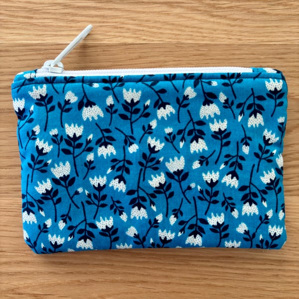 Small zipped fabric purse, pouch, make up bag, in blue floral print