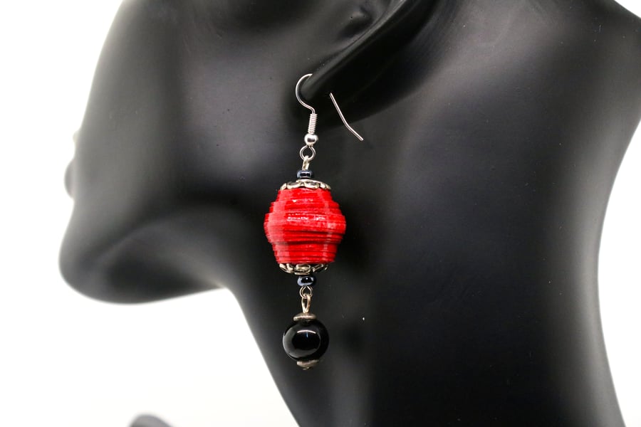 Vibrant Earrings made of round hand rolled paper bead adorned with a black bead