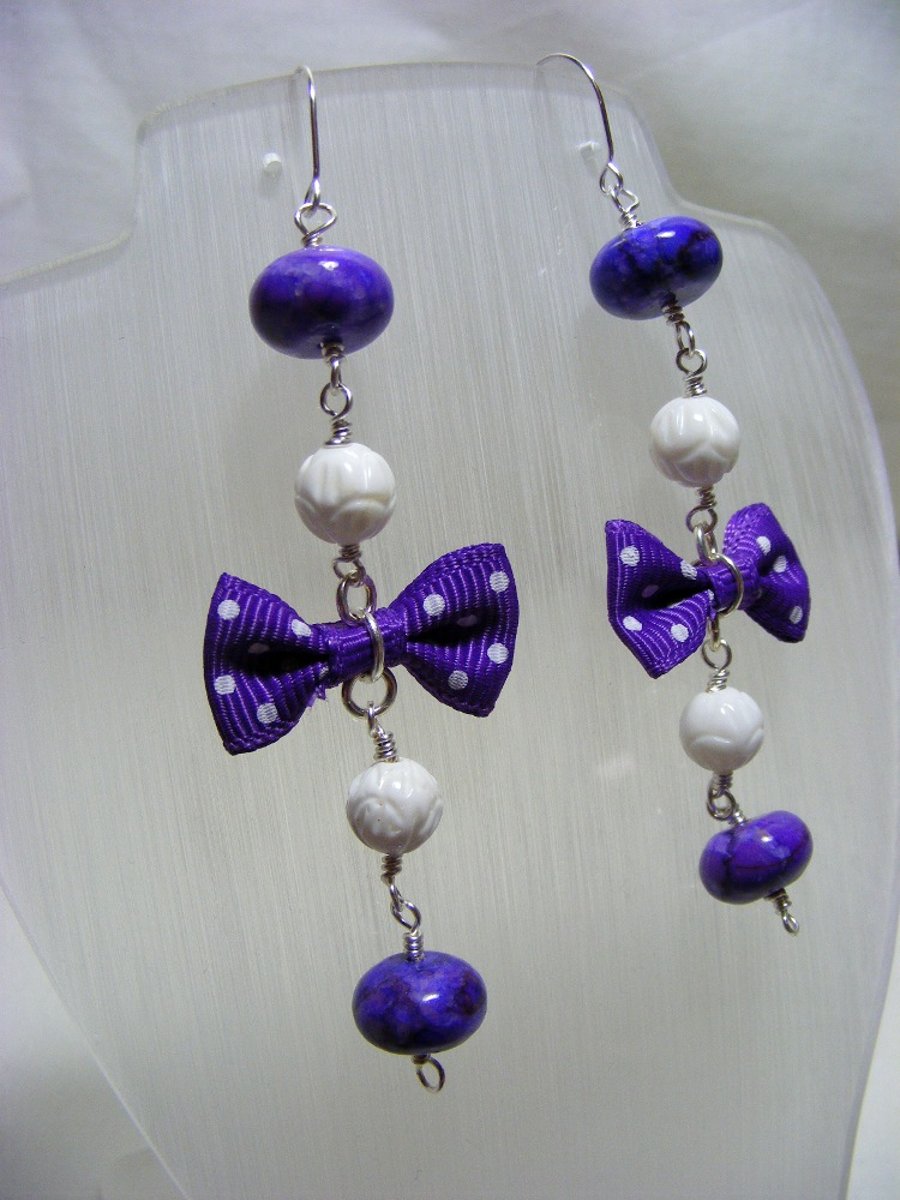 Purple and White Bow Rosary Earrings
