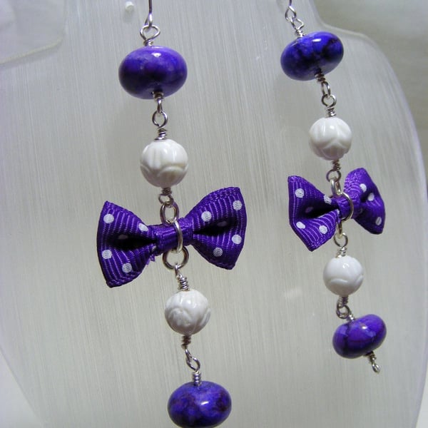 Purple and White Bow Rosary Earrings
