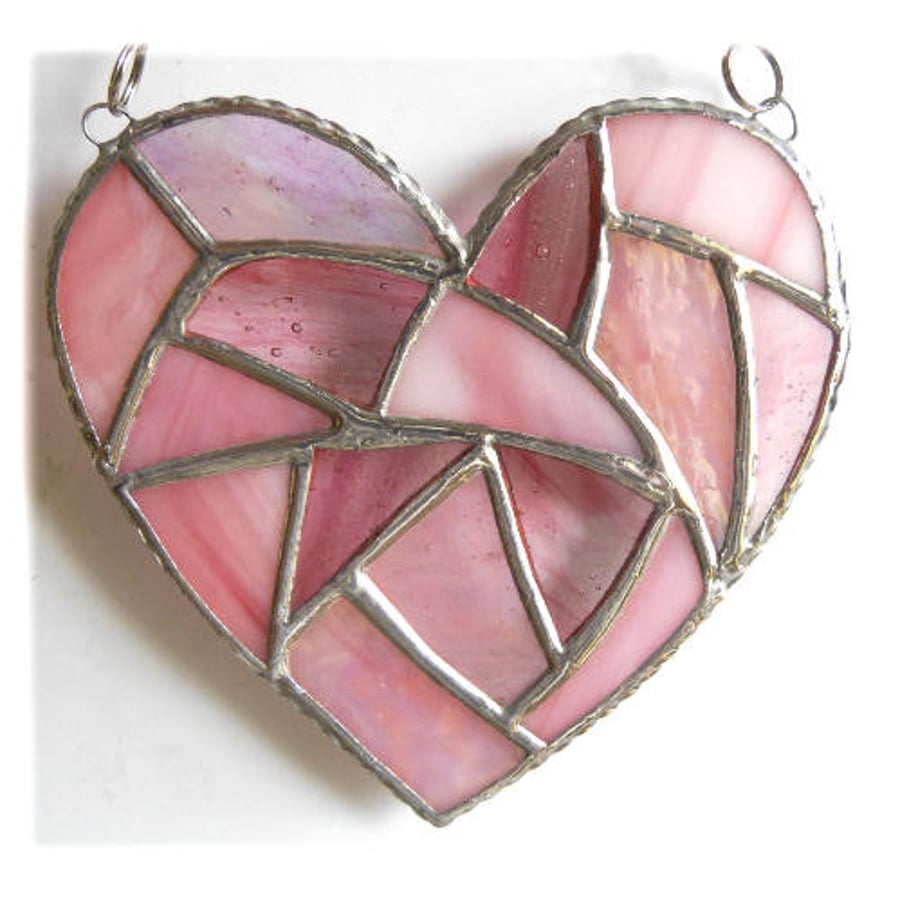 Fat Patchwork Heart Suncatcher Pink Stained Glass Handmade 020