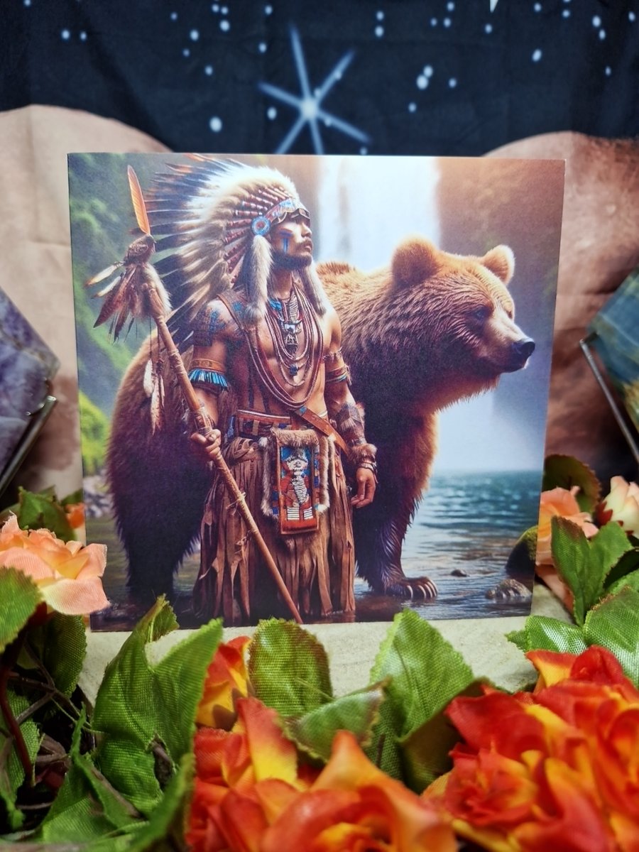 Native Indian Warrior Chief With Spirit Animal Bear Greetings Card 