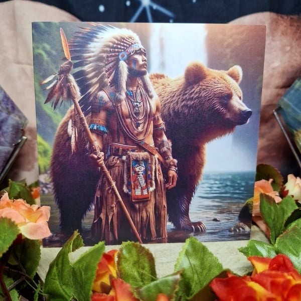 Native Indian Warrior Chief With Spirit Animal Bear Greetings Card 