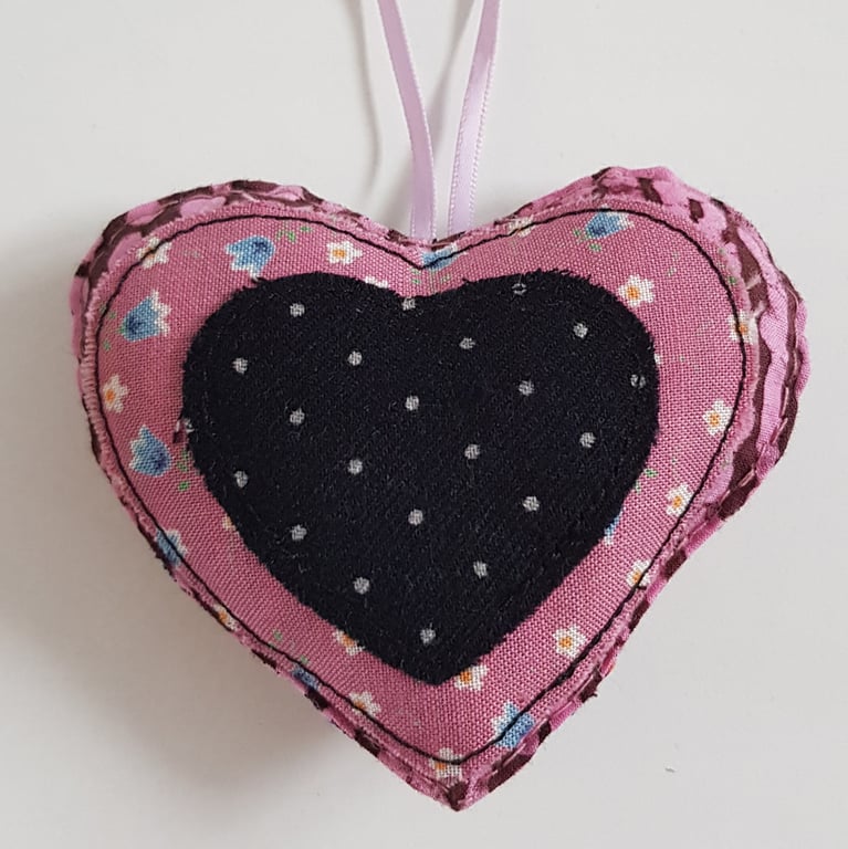 Pink Floral Heart Hanger with Bold Black Centre