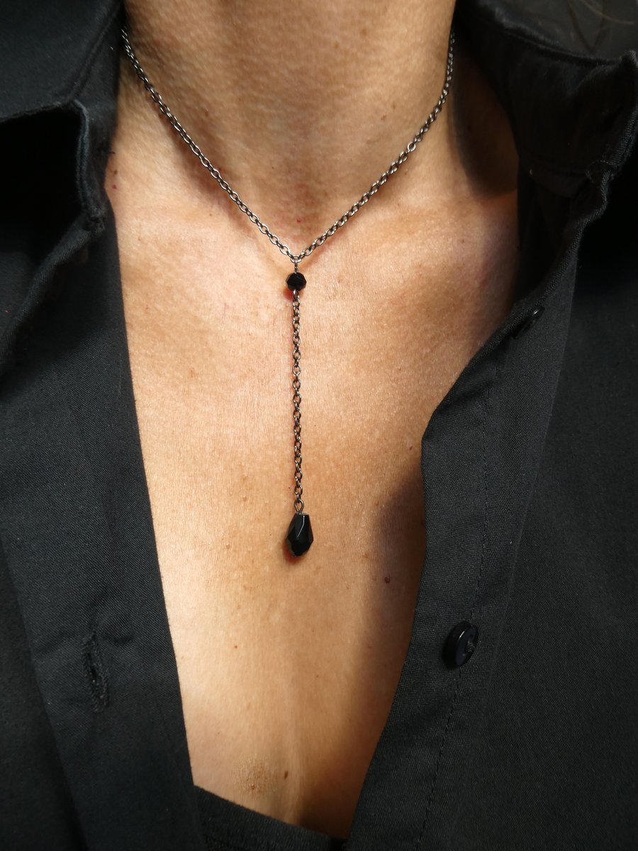 Gunmetal black crystal lariat necklace