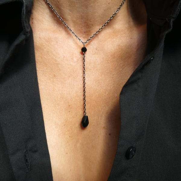 Gunmetal black crystal lariat necklace