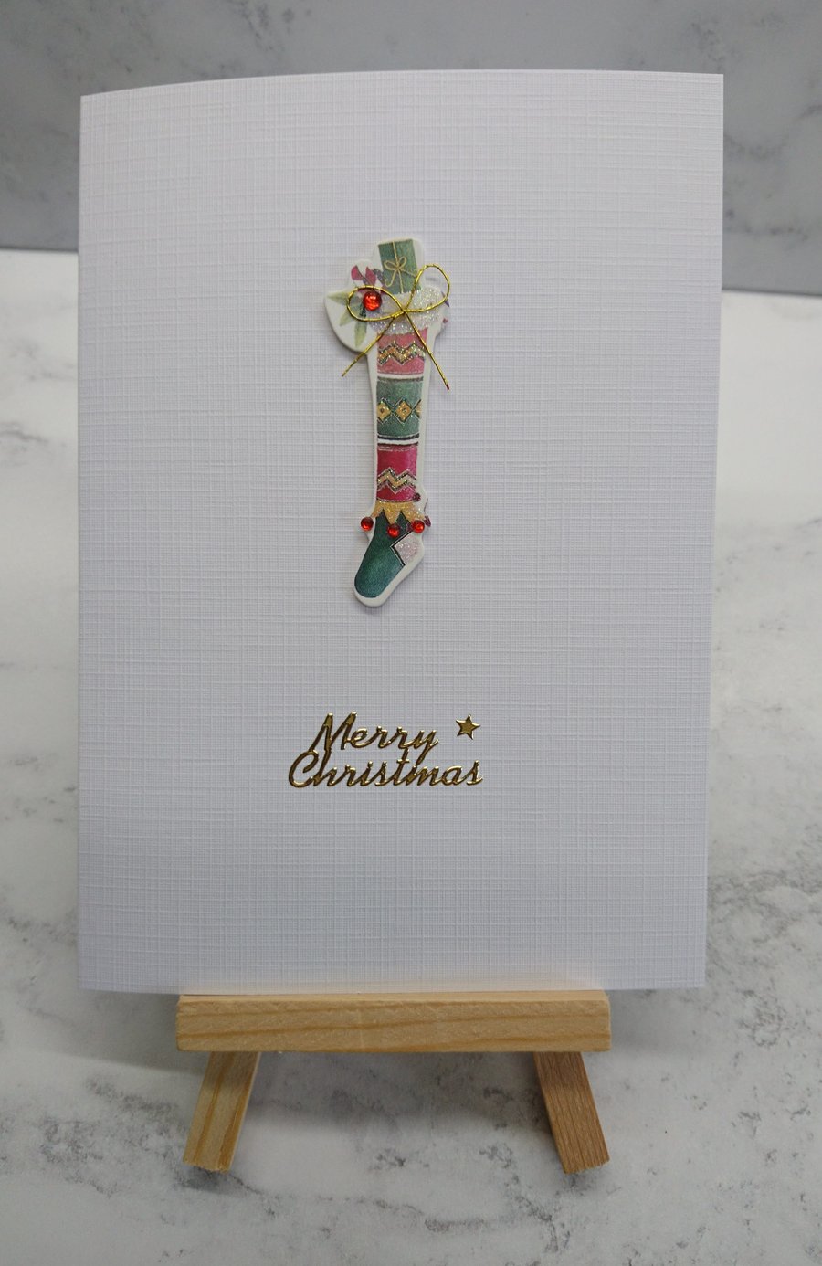 Christmas Card Merry Christmas Stocking on Linen 3D Luxury Handmade Card