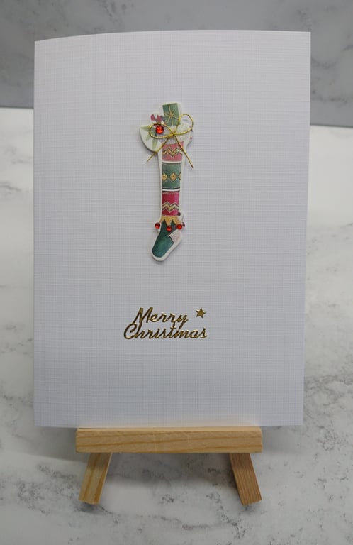 Christmas Card Merry Christmas Stocking on Linen 3D Luxury Handmade Card