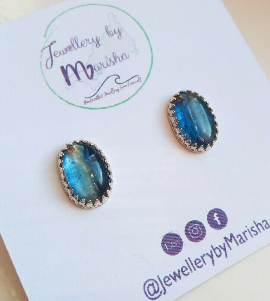 Handmade Sterling Silver 925 & Blue Kyanite Gemstone Oval Stud Earrings