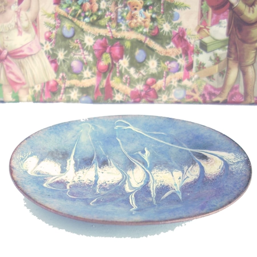 enamel dish - scrolled white, pink, gold over blue