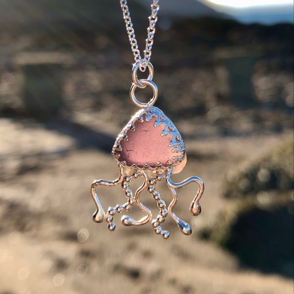 Rare Purple Sea Glass and Sterling Silver Jelly Fish Pendant - 1272