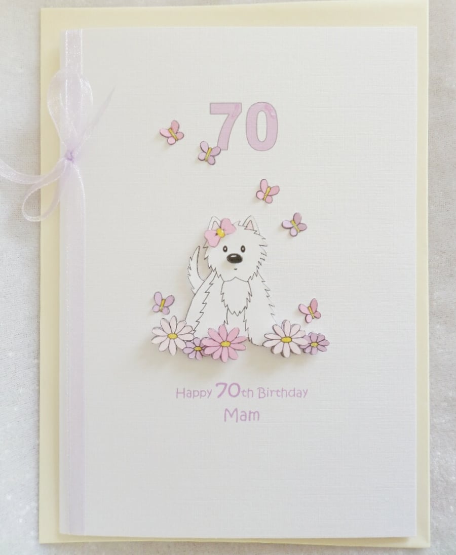 Flower Westie A5 Personalised Birthday Card - Pink & Lilac