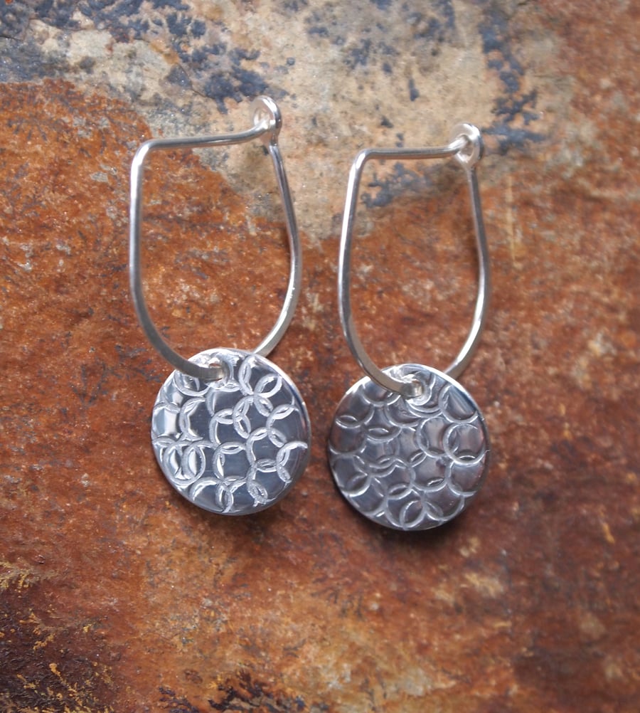 silver drop earrings with textured disc