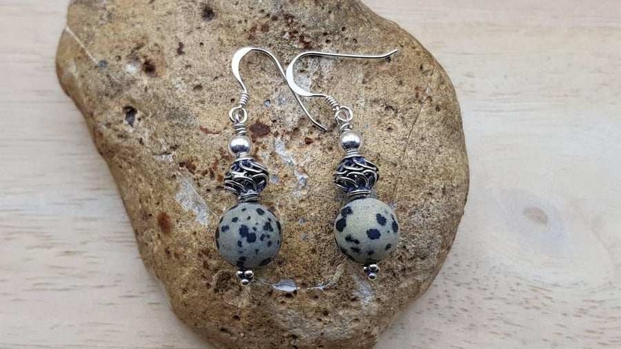 Dalmatian jasper earrings. Crystal Reiki jewelry uk