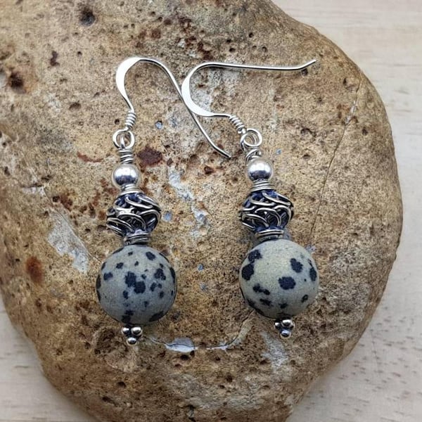 Dalmatian jasper earrings. Crystal Reiki jewelry uk