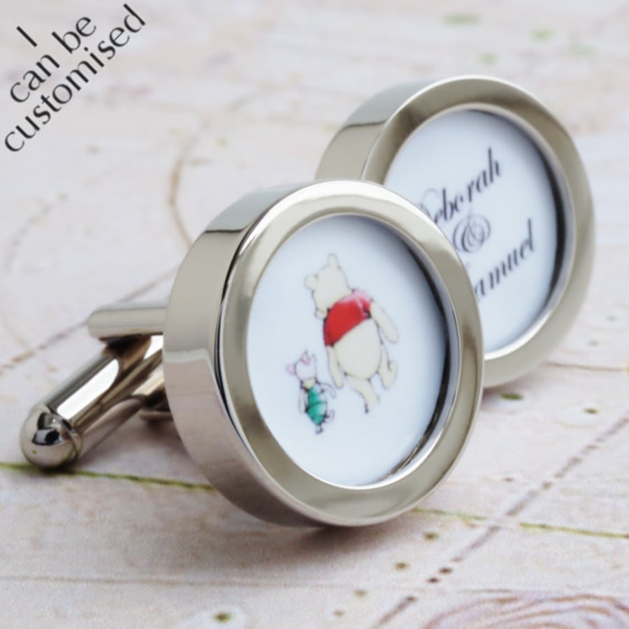 Winnie the Pooh and Piglet Custom Cufflinks with Names of the Bride and Groom - 