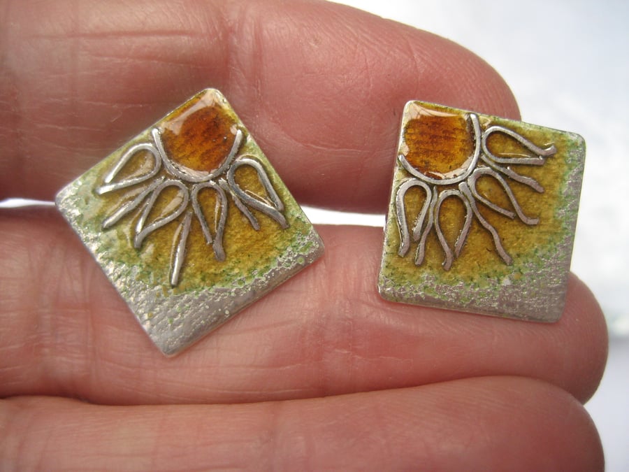 Sterling silver cuff links - sunflowers- Enamelled
