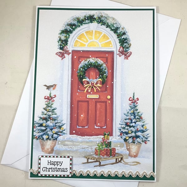 Handmade Christmas card - snowy front door