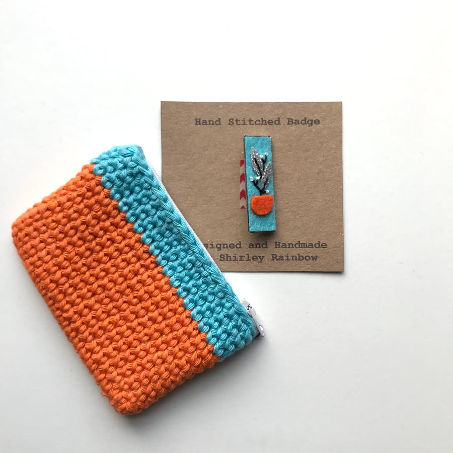 Crocheted Purse and Badge Gift Set- Turquoise and Orange
