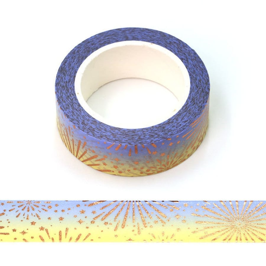 Firework Gold Foil Embossed Blue and Yellow Fading Washi Tape Decorative Self Ad