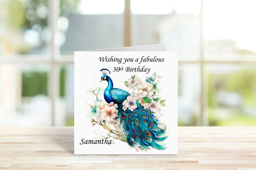 Personalised Beautiful Elegant Peacock Birthday Card. Design 5