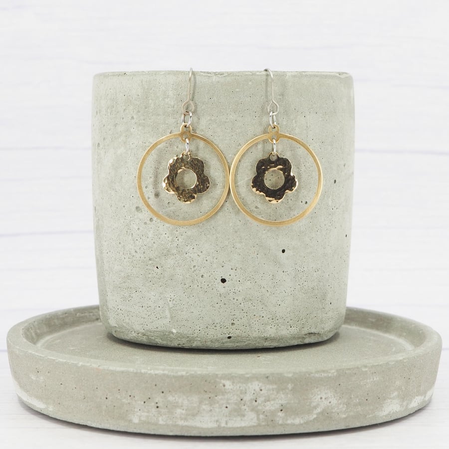 Titanium ear wires - Brass daisy and hoop dangle earrings - Hypoallergenic