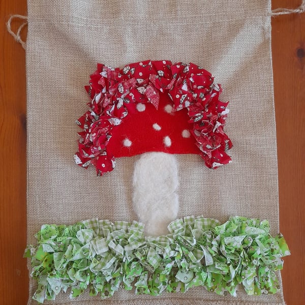 Rag Rug Drawstring Bag with Needle Felting Mushroom Design