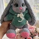     Handmade Crochet Amigurumi Bunny – Silver Grey with Turquoise Hoodie