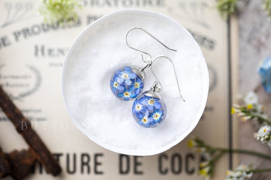 Forget me Not Earrings Dangle earrings Something Blue Real Flower Earrings Silve