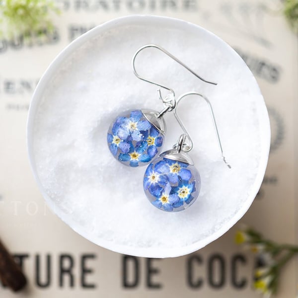 Forget me Not Earrings Dangle earrings Something Blue Real Flower Earrings Silve