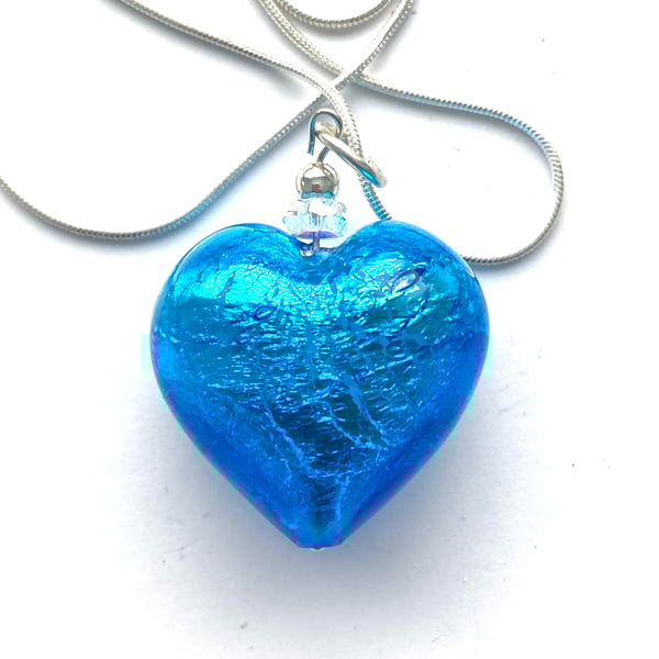 Murano glass large turquoise heart pendant with sterling silver.