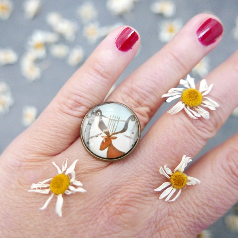 Deer Art Print Jewellery, Whimsical Adjustable Bronze Ring, Animal Illustration