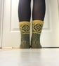 Hand knit Grey Yellow Wool Socks Fair Isle Floral Nordic Winter Christmas  - Image 3