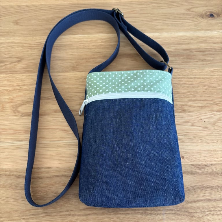 Fabric crossbody bag, phone bag, dark blue denim with an adjustable strap