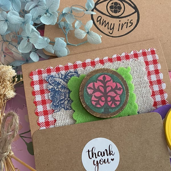 Wooden Brooch with nature tree motif 