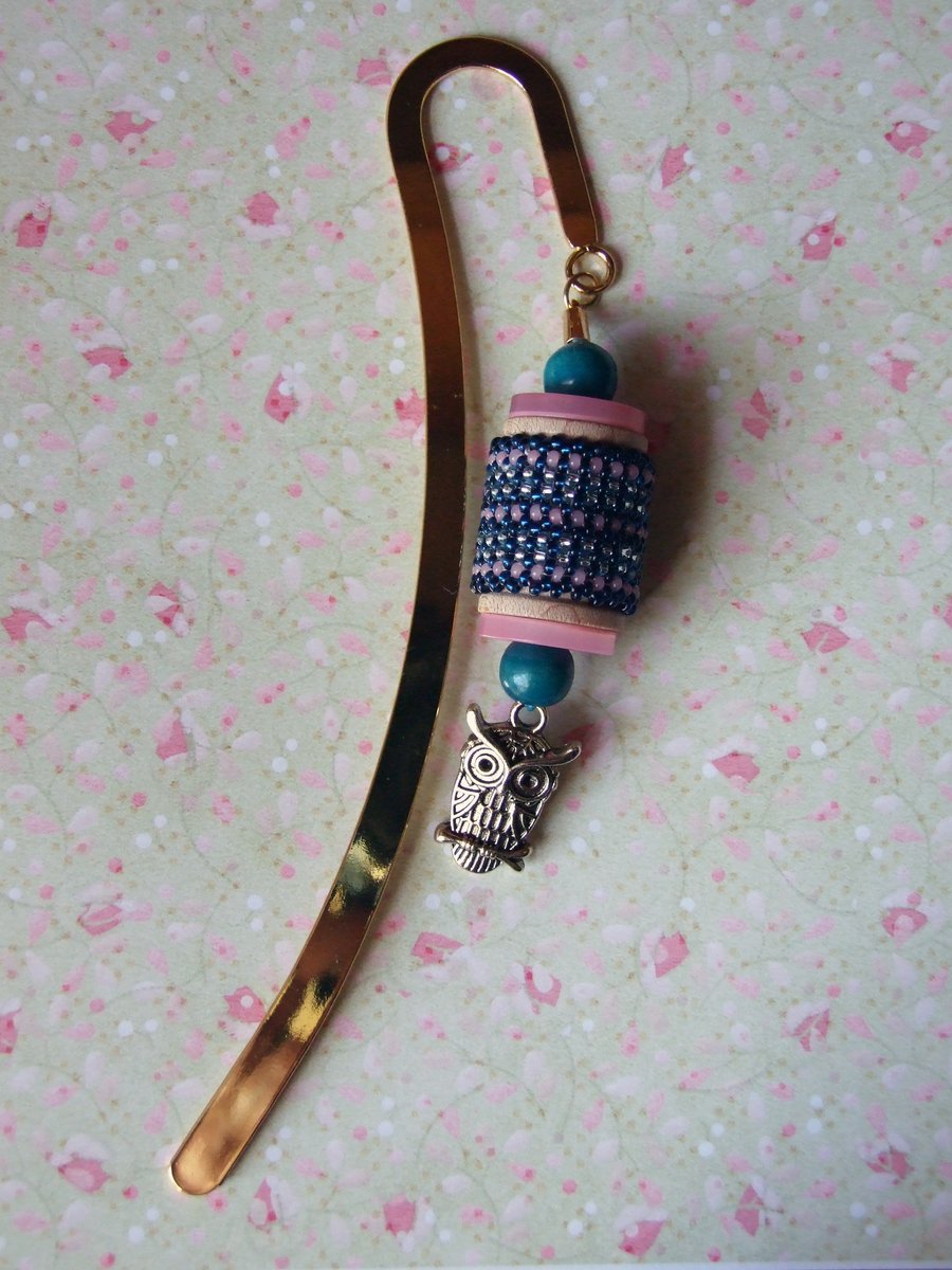 Gold Plated Owl Charm and Beaded Bobbin Gold Plated Metal Bookmark
