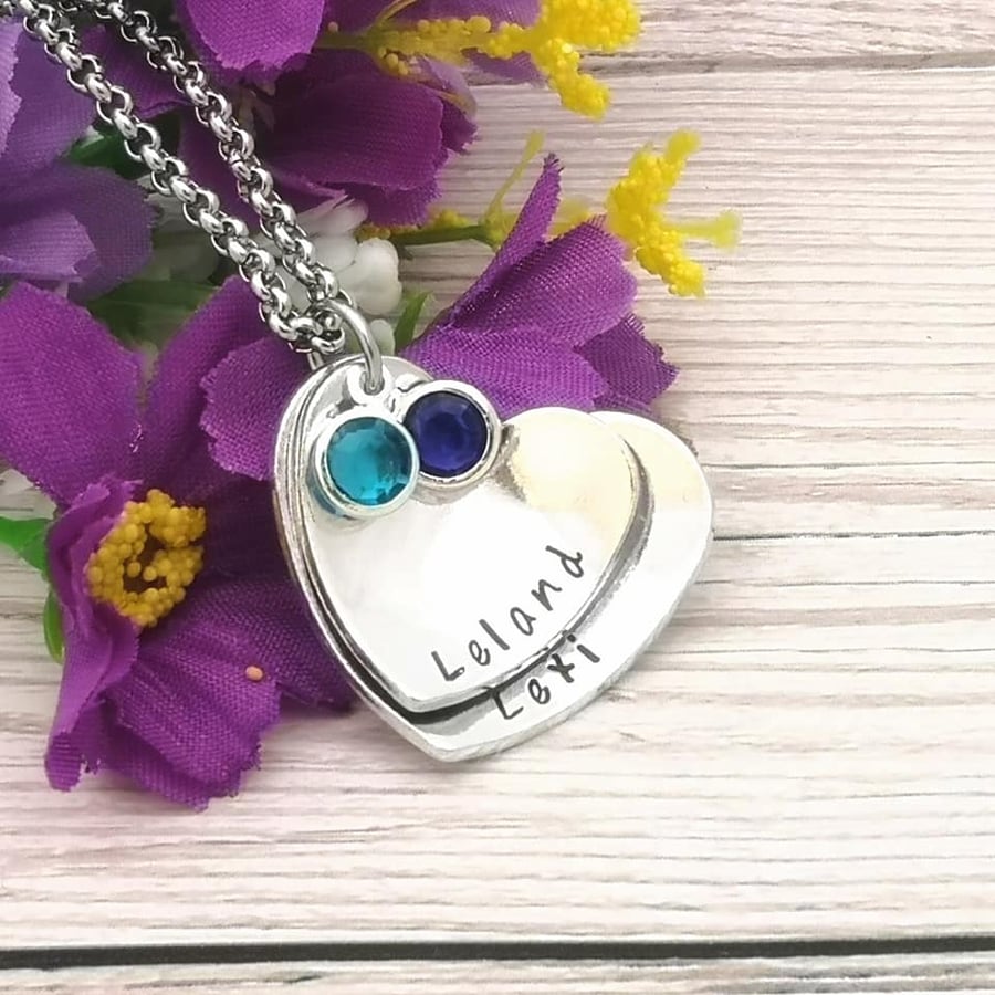 Stacked Heart Necklace - Personalised Birthstone Necklace - Mum Gift - Layered