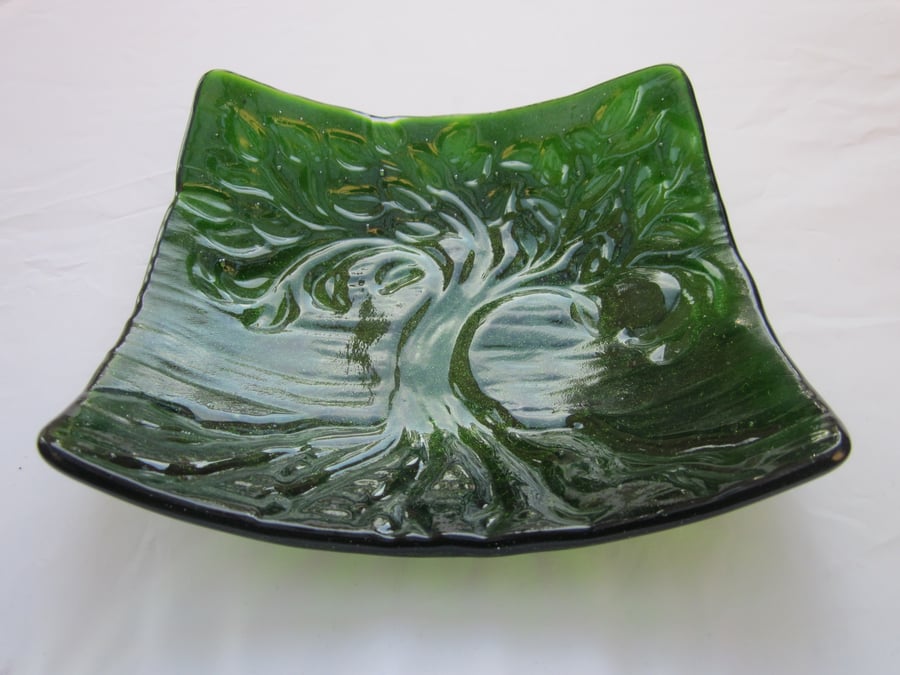 Handmade fused glass candy bowl - emerald green tree of life