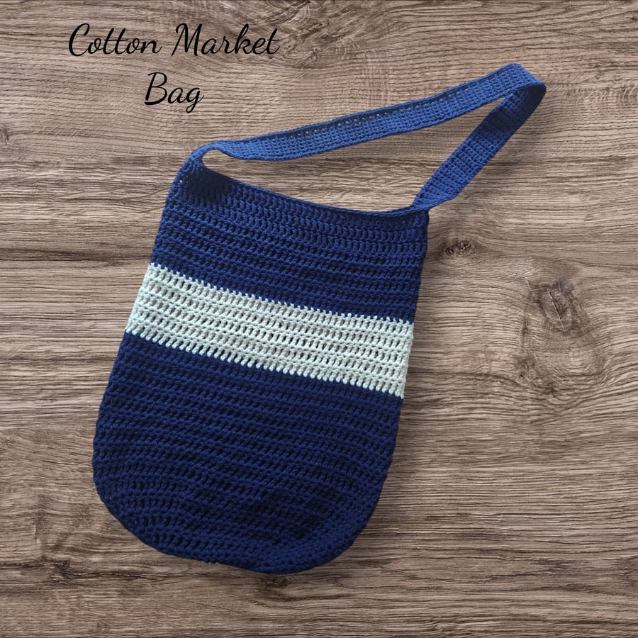 Crochet Navy and White Market Bag 