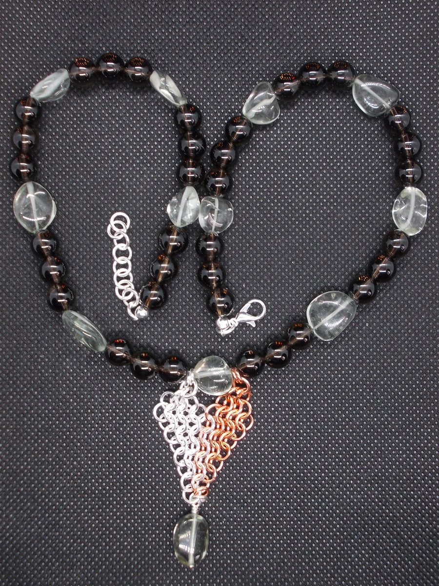 SALE - Smokey quartz and green amethyst necklace with chainmaille pendant