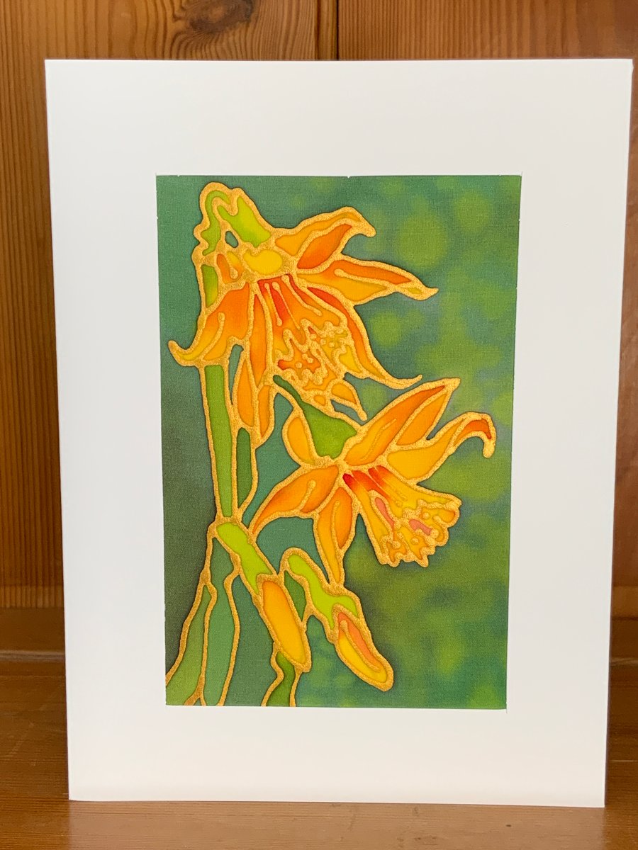 Original Hand painted silk greeting card Daffodils