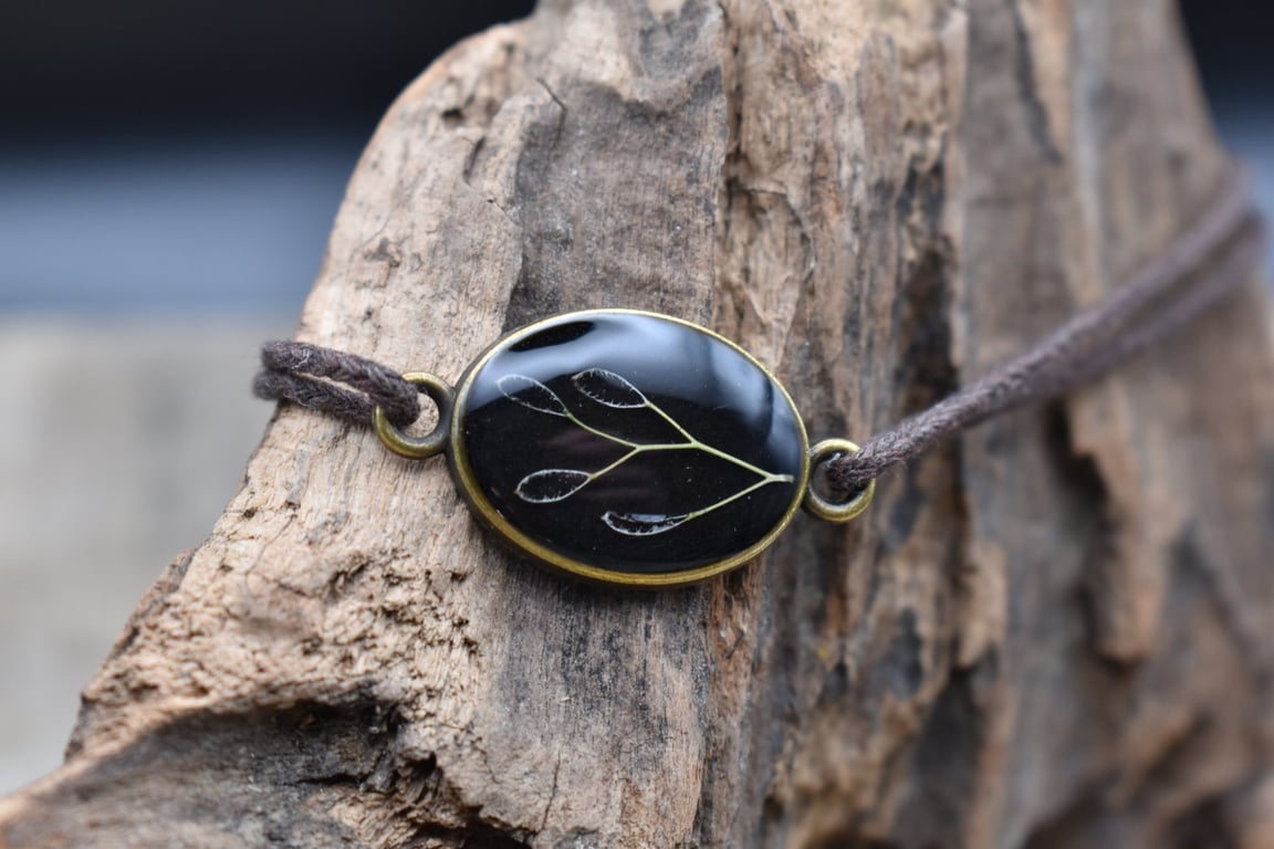 Adjustable Resin Bracelet with Wild Flower Seed Pods, Waxed Cotton Cord