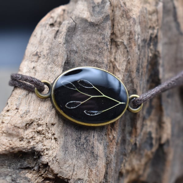 Adjustable Resin Bracelet with Wild Flower Seed Pods, Waxed Cotton Cord