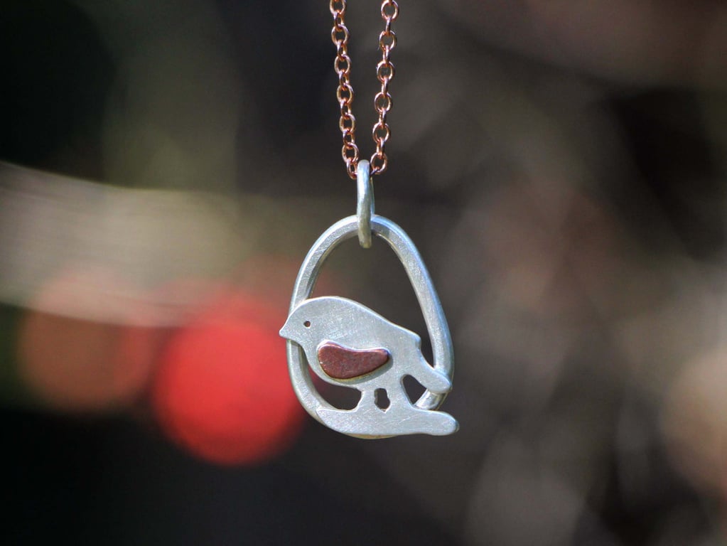 Recycled Silver Copper Robin Pendant Necklace