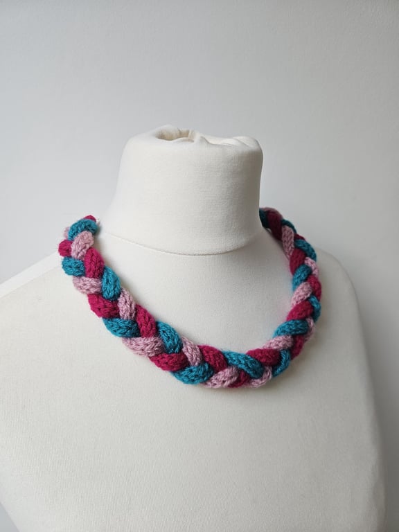 Women's Handmade Plaited French-Knitted Multi-Coloured Textile Bib Necklace 