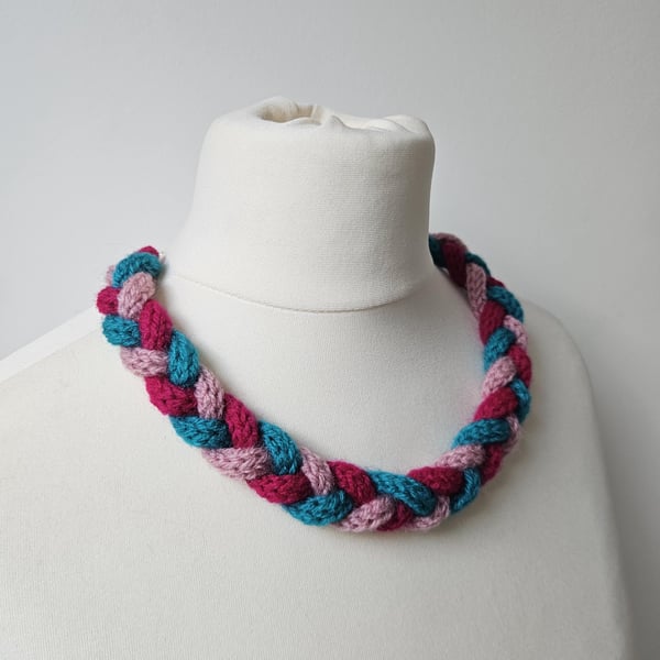 Women's Handmade Plaited French-Knitted Multi-Coloured Textile Bib Necklace 