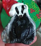 Christmas tree decoration of a Badger with a santa hat made from air dry clay.   - Image 7